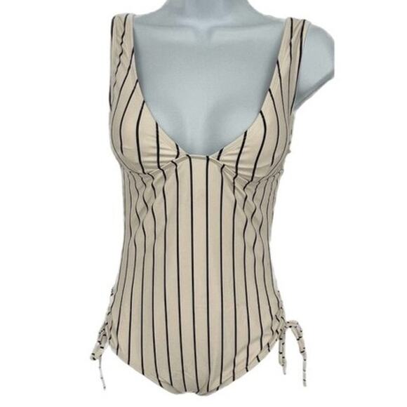 Swimsuit Cream & Black Striped Traditional Side Gathered One Piece Size Small - Picture 1 of 6